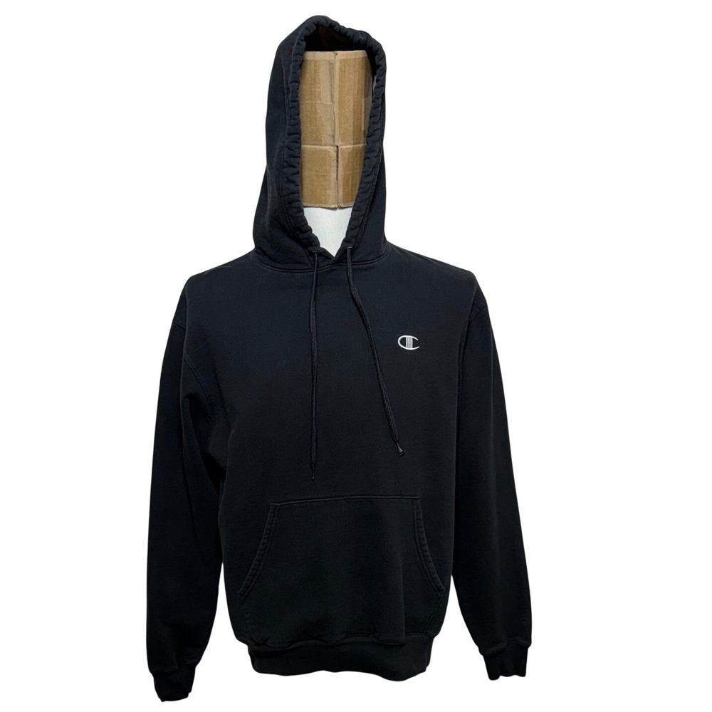 Champion Hoodie Mens Medium Black Eco Authentic Fleece Lined Pullover Sweatshirt